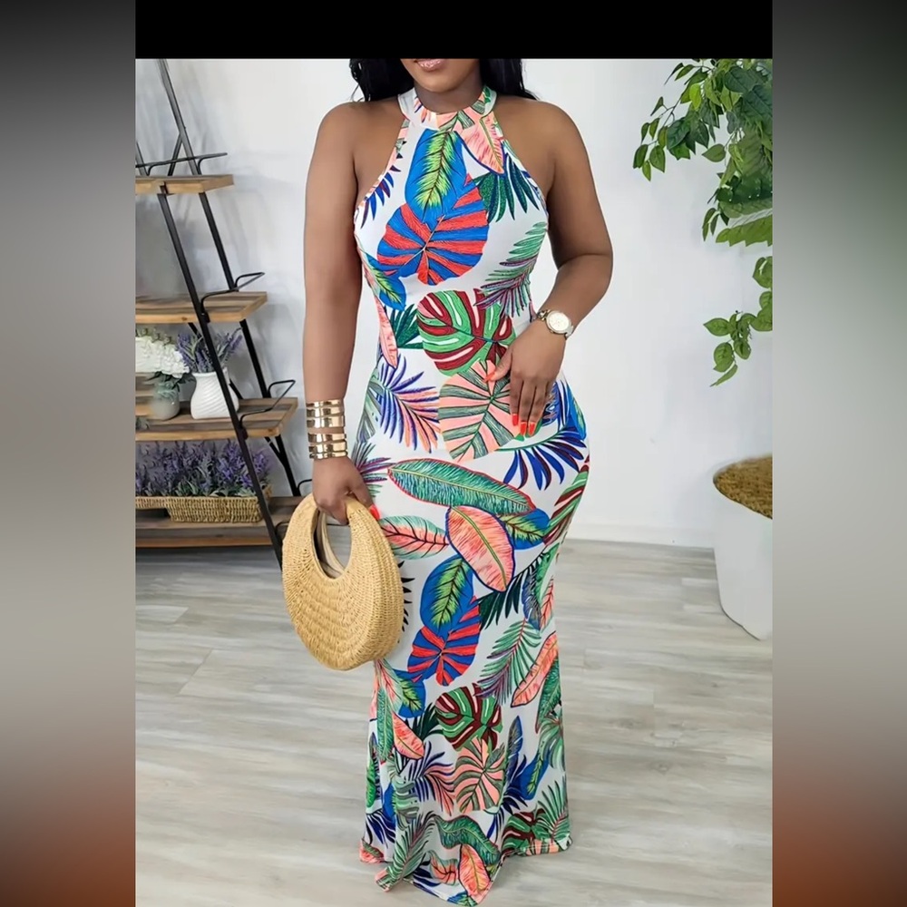 Tropical Leaf Print Maxi Dress